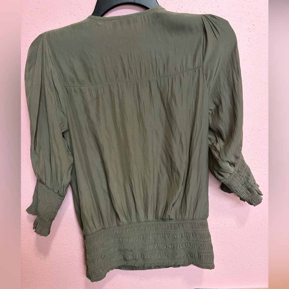 Ramy Brook NY Blouse Olive Green Embroidered Beaded Smocked Made in India XS - Picture 2 of 4